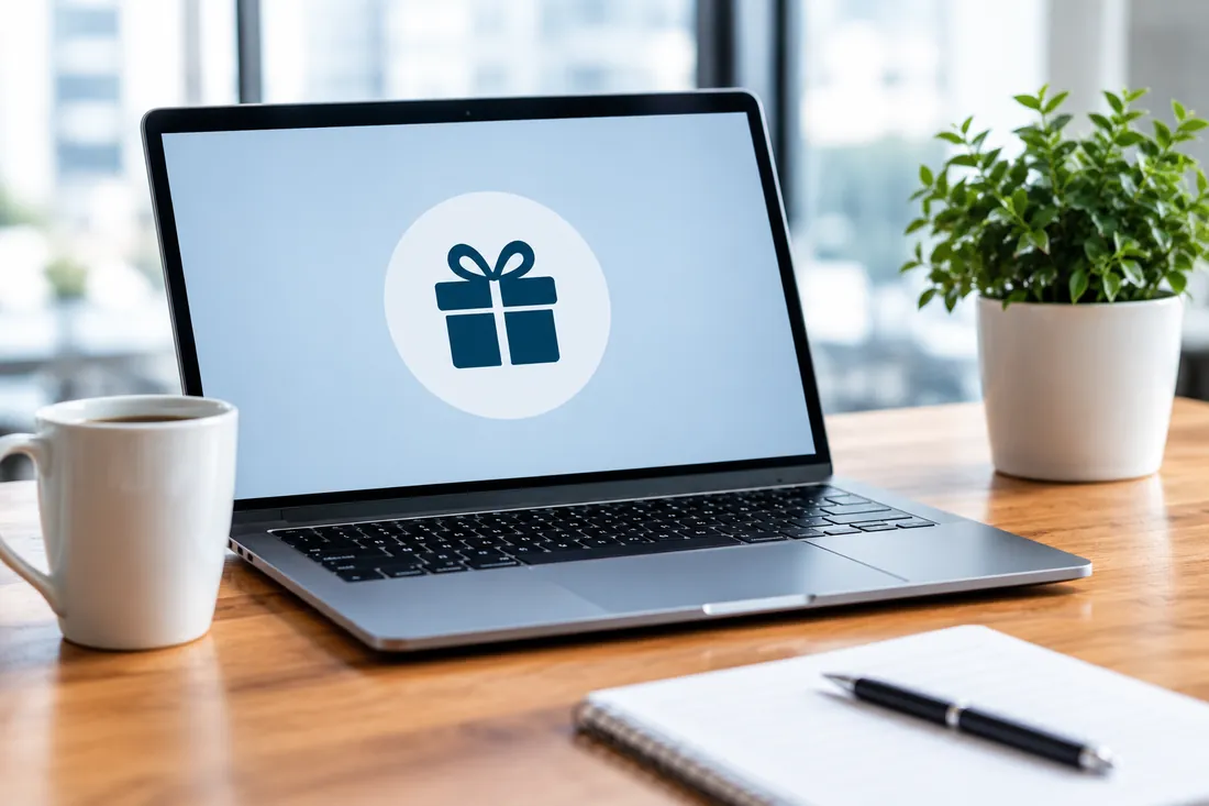 Laptop auf einem Schreibtisch zeigt ein Geschenk-Symbol auf dem Bildschirm